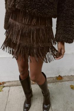 ZARA ЮБКА С БАХРОМОЙ И БЛЕСТЯЩИМ ЭФФЕКТОМ ЗАМШИ, КОРИЧНЕВЫЙ