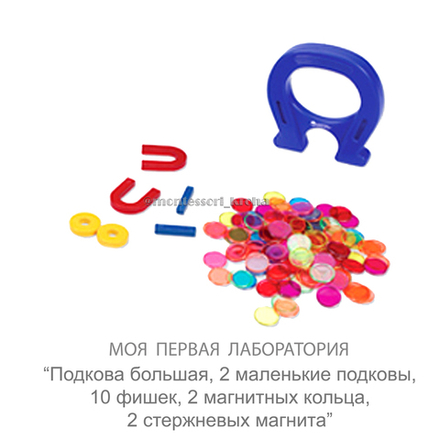 МОЯ ПЕРВАЯ ЛАБОРАТОРИЯ "Подкова большая, 2 маленькие подковы, 10 фишек, 2 магнитных кольца, 2 стержневых магнита"