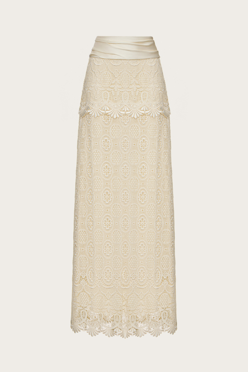 ЮБКА ИЗ МОЛОЧНОГО КОРДОВОГО КРУЖЕВА И ШЕЛКОВОГО АТЛАСА