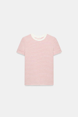 ZARA МИНИМАЛИСТИЧНАЯ ФУТБОЛКА С КОРОТКИМИ РУКАВАМИ, КРАСНАЯ ПОЛОСКА