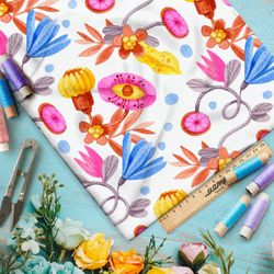 Ткань ниагара абстрактные яркие цветы и глаза на белом фоне