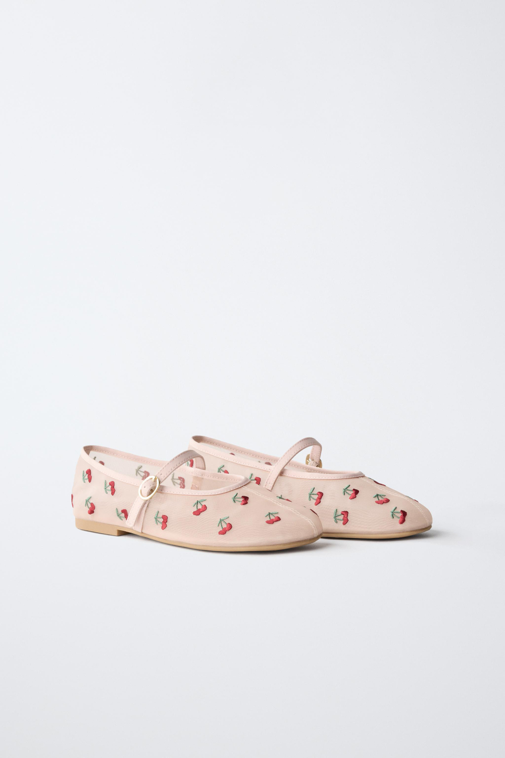 ZARA БАЛЕТКИ С ВЫШИВКОЙ ВИШНИ, РОЗОВЫЙ