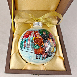 Коллекционный шар новогодний с круговой росписью Палех "Новый год"-3 в футляре