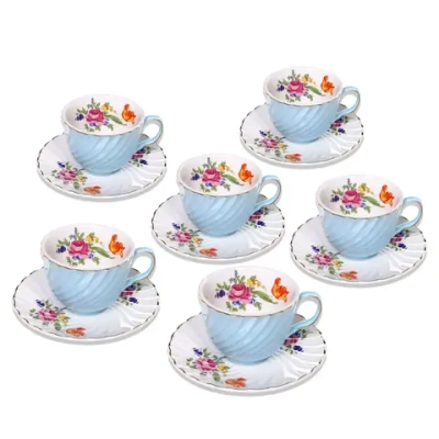 Чайный набор 12 предметов «Цветочная фантазия» (6кружек 200мл+6блюдец), голубой