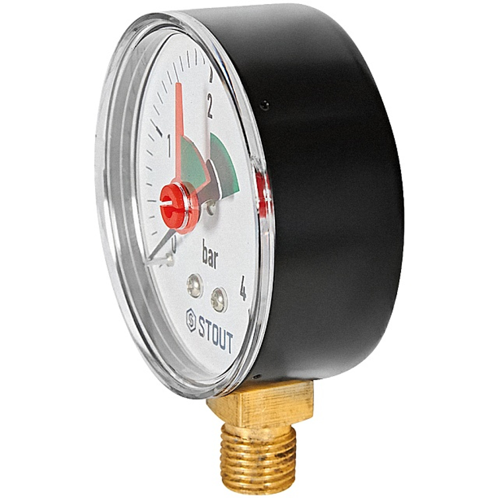 Манометр радиальный STOUT - 1/4" (D63 мм, шкала 0-4 бар, с указателем предела)