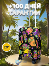 Чехол на чемодан 20", цвет чёрный/разноцветный, Коты