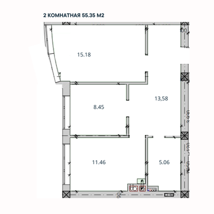 2-комн. квартира, 55,35 м²; 2,3 этажи