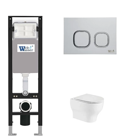 Унитаз подвесной WeltWasser AMBERG 350 + ERLENBACH 004 GL-WT + AMBERG RD-WT белый глянцевый, безободковый, с крышкой микролифт, с инсталляцией и белой кнопкой