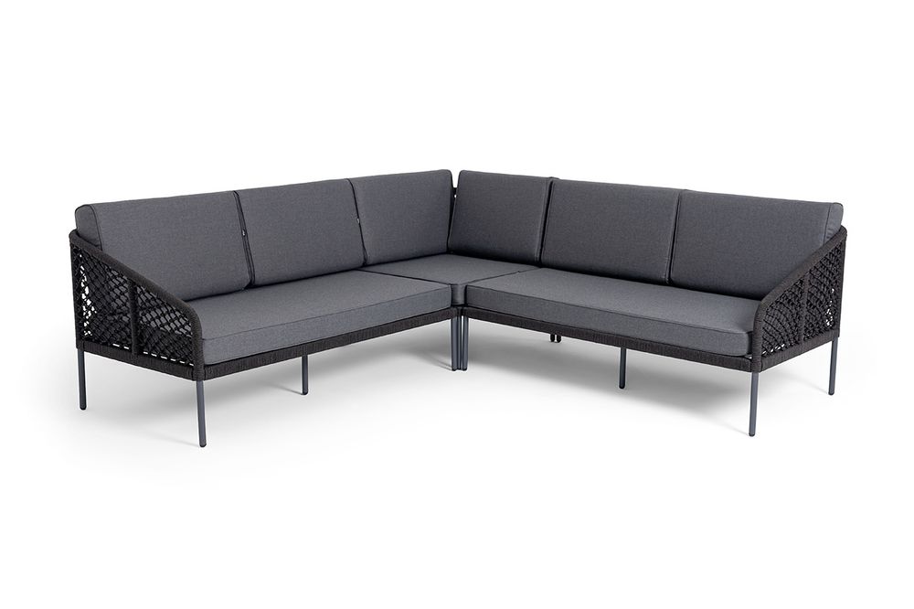 "Канны" диван модульный плетеный из роупа (узелки), каркас алюминий темно-серый (RAL7024) муар, роуп темно-серый круглый, ткань темно-серая 027