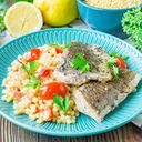 Запеченный хек с кускусом и овощами Запеченный хек с кускусом и овощами