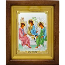 Икона "Троица" в серебряном окладе, в деревянном киоте.