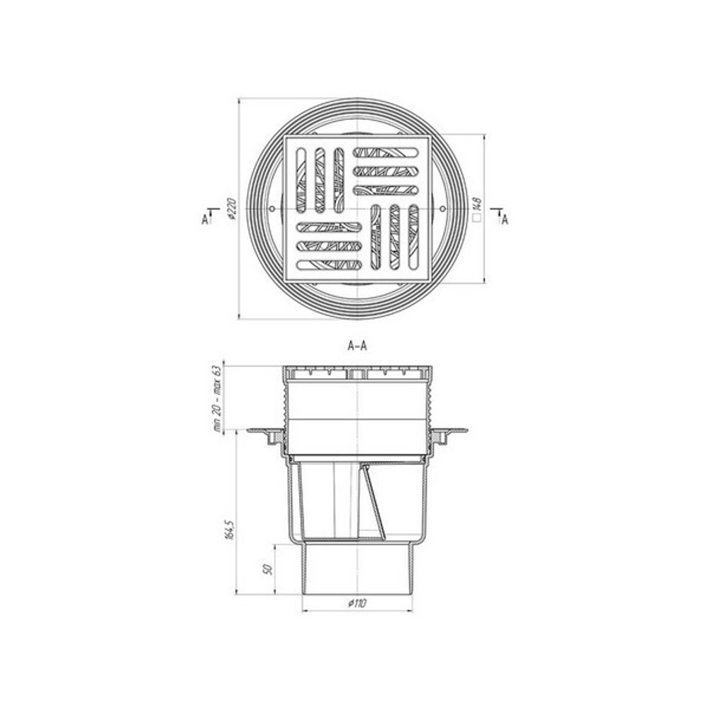 110 трап с вертик. спуском, рег решетка 150х150 пласт СУХОЙ АНИ пласт ТQ1710 ЭКОНОМ