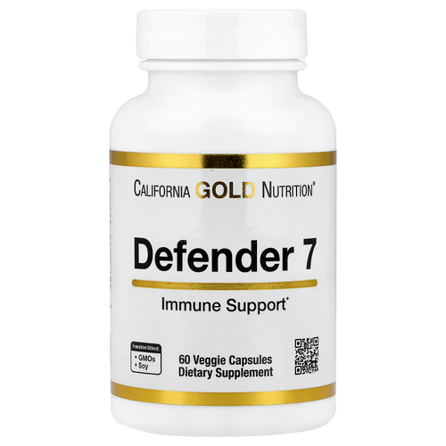California Gold Nutrition, Defender 7, добавка с витаминами A, C, D3 и B6, цинком, селеном и бета-глюканом, 60 растительных капсул