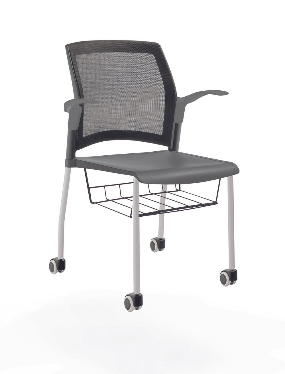 стул Rewind на 4 ногах и колесах, каркас серый, пластик серый, с открытыми подлокотниками, с подседельной корзиной, спинка-сетка