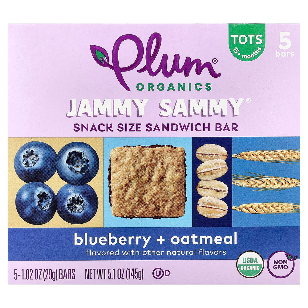 Plum Organics, Jammy Sammy®, батончик-снек, для детей от 15 месяцев, голубика и овсянка, 5 батончиков по 29 г (1,02 унции)