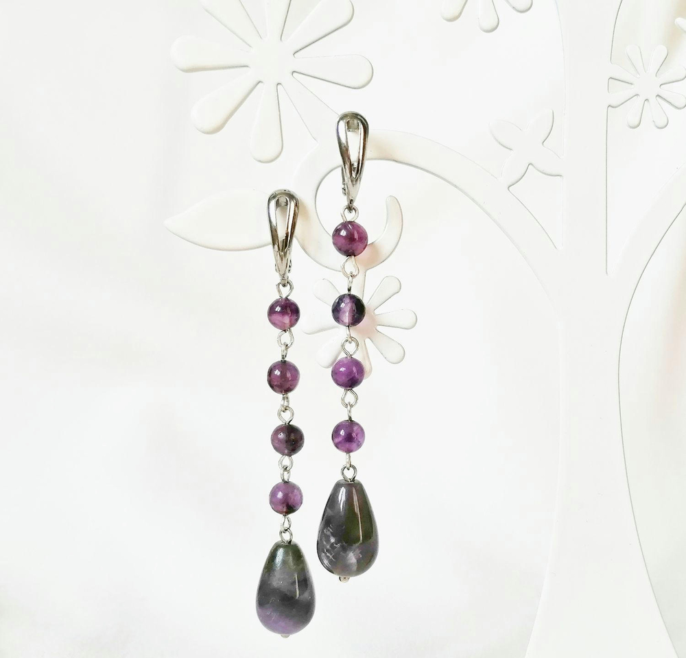 Длинные серьги капли с аметистом