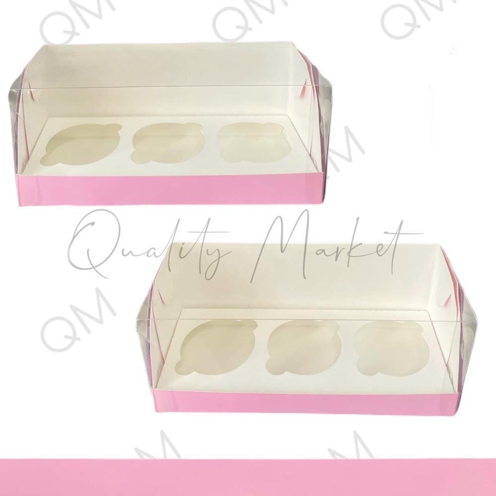 Коробка под капкейки с пластиковой крышкой 240*100*100 мм (3) (розовая матовая), 50шт