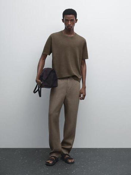 Massimo Dutti Трикотажная футболка с короткими рукавами из 100% льна, кофейный
