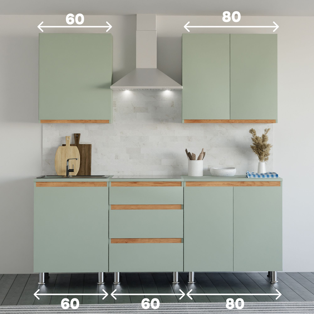 Кухня 200 см Малага со столешницей (5 модулей) / зеленый ЛДСП, массив дуба