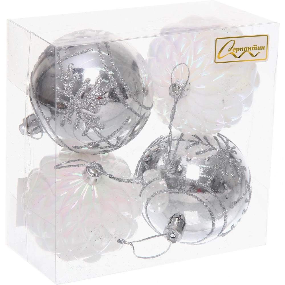 Набор шаров «Метелица» 7 см (в наборе 4 шт), Белый, серебро