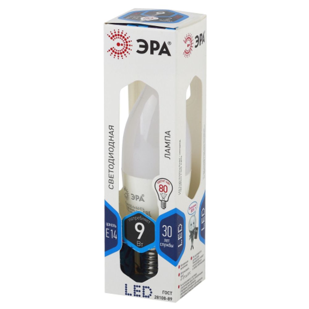 Лампа светодиодная ЭРА STD LED BXS-9W-840-E14 9Вт свеча на ветру нейтральный белый свет Е14 | Лампы cветодиодные Свеча (B/C)