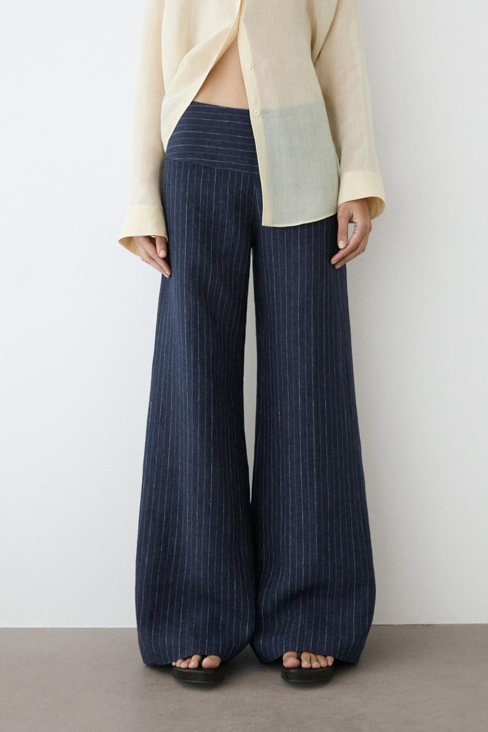 Massimo Dutti Льняные брюки-клеш с полосатым рисунком, темно-синий