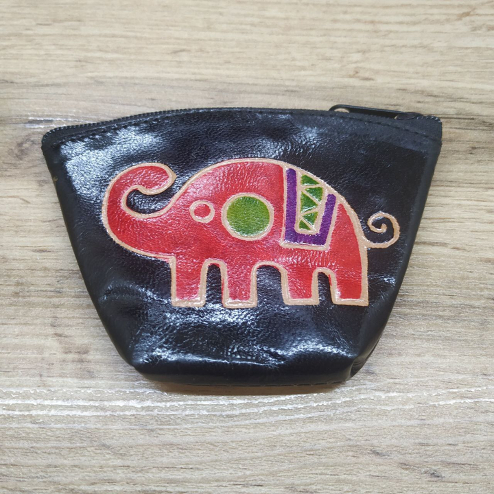 Кошелек под мелочь Слон цвет черный, кожа, ручной принт 11x1,5x7,5 см