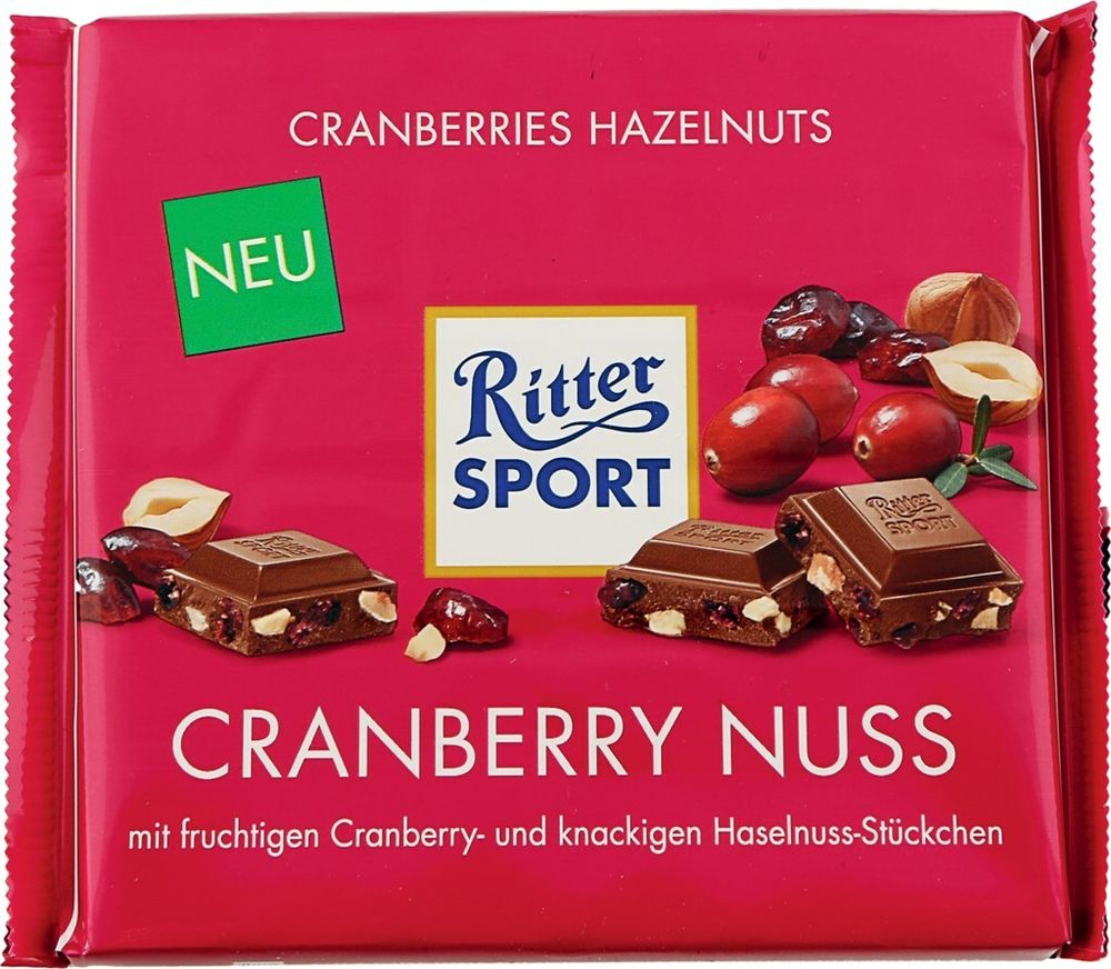 Шоколад Ritter Sport, молочный с клюквой и орехами, 100 гр.