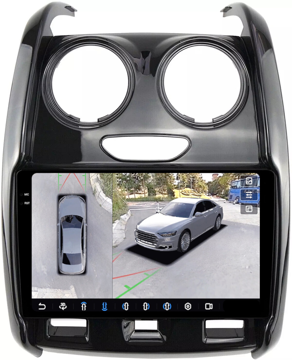 Магнитола для Renault Duster 1 2015-2020, Lada Largus 2021+ (без мультируля, рамка большая глянец) - FarCar BX9-360-7088A монитор 9.5" 2K QLED на Android 13, 6+128Гб, CarPlay, 4G SIM-слот, 4 камеры в комплекте