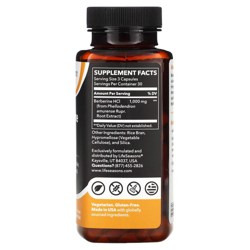 LifeSeasons, Берберин гидрохлорид, 90 растительных капсул (333 мг на капсулу)