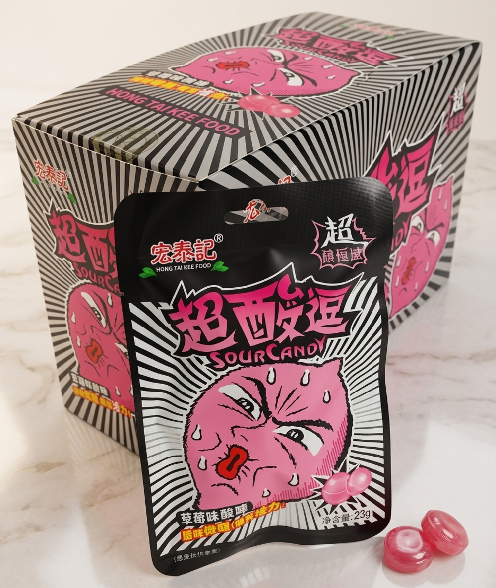 Карамель Hong Tai Kee Foods с кислым вкусом КЛУБНИКИ 23гр 20шт