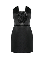 Black Mini Dress with Rose Appliqué