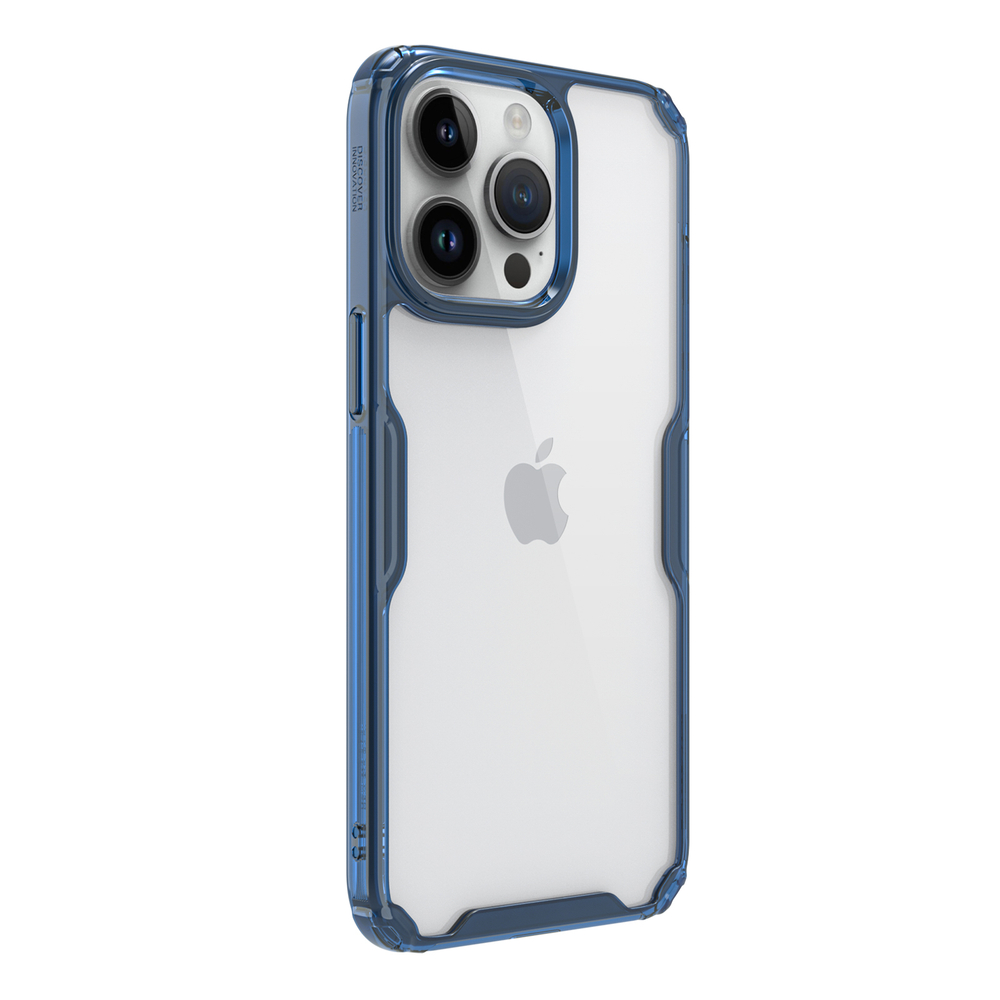 Прозрачный чехол с усиленными боковыми рамками синего цвета от Nillkin для iPhone 15 Pro, серия Nature TPU Pro Case