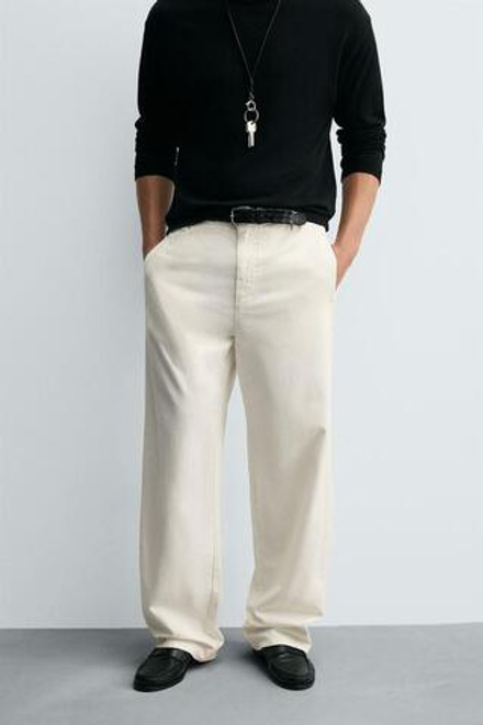 ZARA БРЮКИ ЧИНОС ИЗ ХЛОПКА И КОНОПЛИ, БЕЛЫЙ
