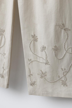 ZARA ШИРОКИЕ БРЮКИ С ВЫШИВКОЙ БИСЕРОМ, СВЕТЛО-БЕЖЕВЫЙ