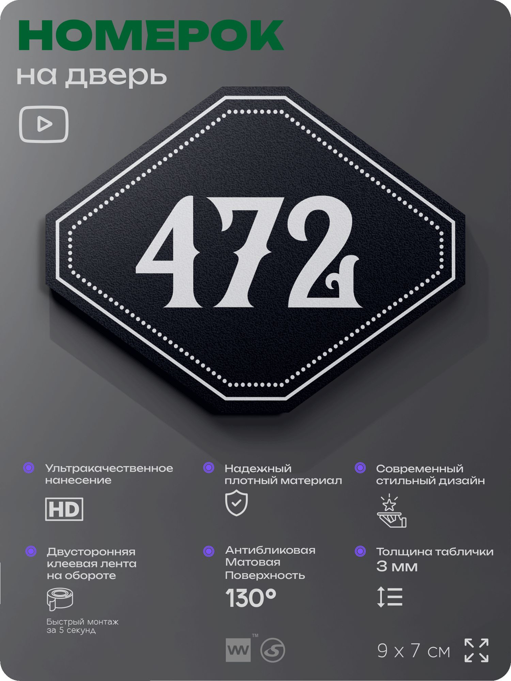 Номерок на дверь квартиры 472, для кабинета, офиса, шильдик 9 х 7 см, черный, Айдентика Технолоджи