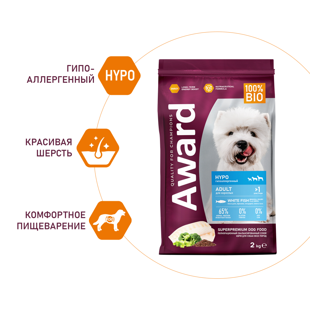 AWARD HYPO Сухой корм для взрослых собак всех пород с белой рыбой, 2кг