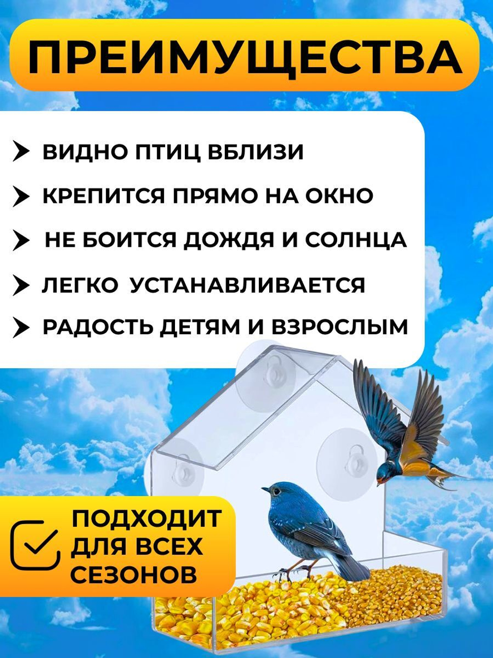 Кормушка на окно прозрачная подвесная для птиц пластиковая на присосках