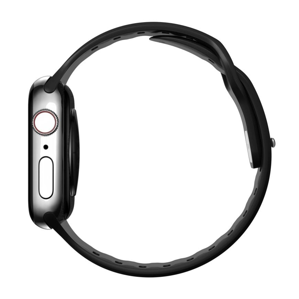 Спортивный ремешок Nomad Sport Slim Band для Apple Watch 44, 45, 46 мм и Ultra 2–3 Водостойкий ремешок из фторэластомера с застёжкой pin-and-tuck из нержавеющей стали. На запястье обхватом 160–193 мм (160–195 мм — с Apple Watch Ultra)