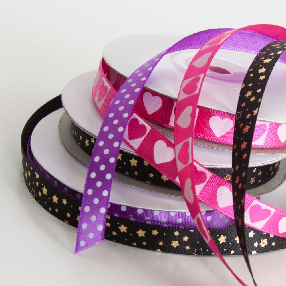 Лента декоративная (1 см*22,85 м) Сердечки, Ярко-розовый/Белый, 1 шт.