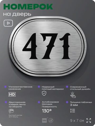 Номерок на дверь квартиры 471, для кабинета, офиса, шильдик 9 х 7 см, брашированная сталь, Айдентика Технолоджи