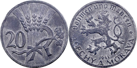 Богемия и Моравия 20 геллеров, 1940 - 1944 Герб XF