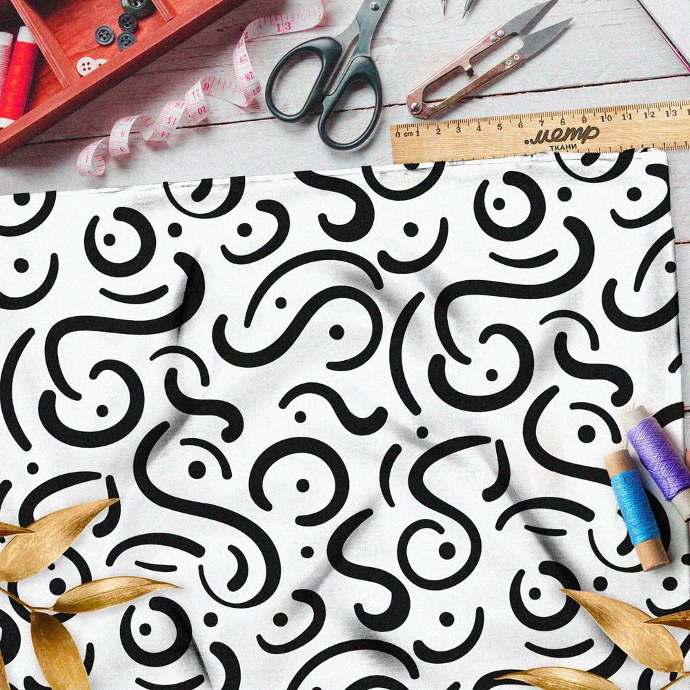 Ткань дюспо чёрные витиеватые  узоры на бежевом фоне