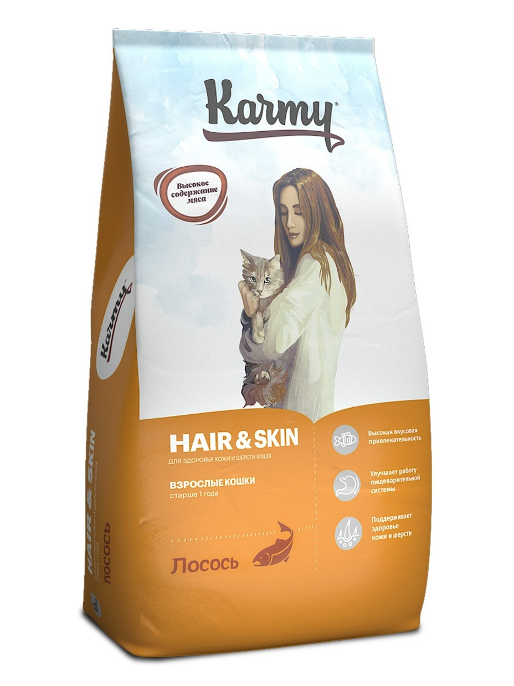 Сухой корм Karmy Hair&skin для здоровье кожи и шерсти кошек, лосось, 10 кг