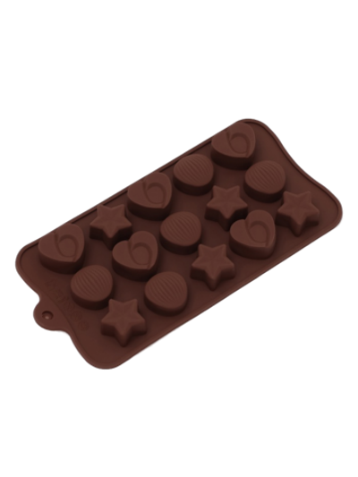 Форма для льда и кондитерских украшений Доляна «Звёзды, ракушки, сердца», 20,6×10,3 см, 15 ячеек, цвет шоколадный