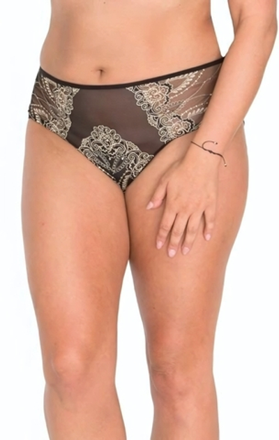 Женские трусики-слипы из сетки с вышивкой бежевой нитью (Размер: L) (Цвет: черный)