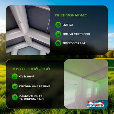 Пневмокаркасная всесезонная палатка «Универсал» 4×2,5×2,5 м — из ПВХ, зелёная