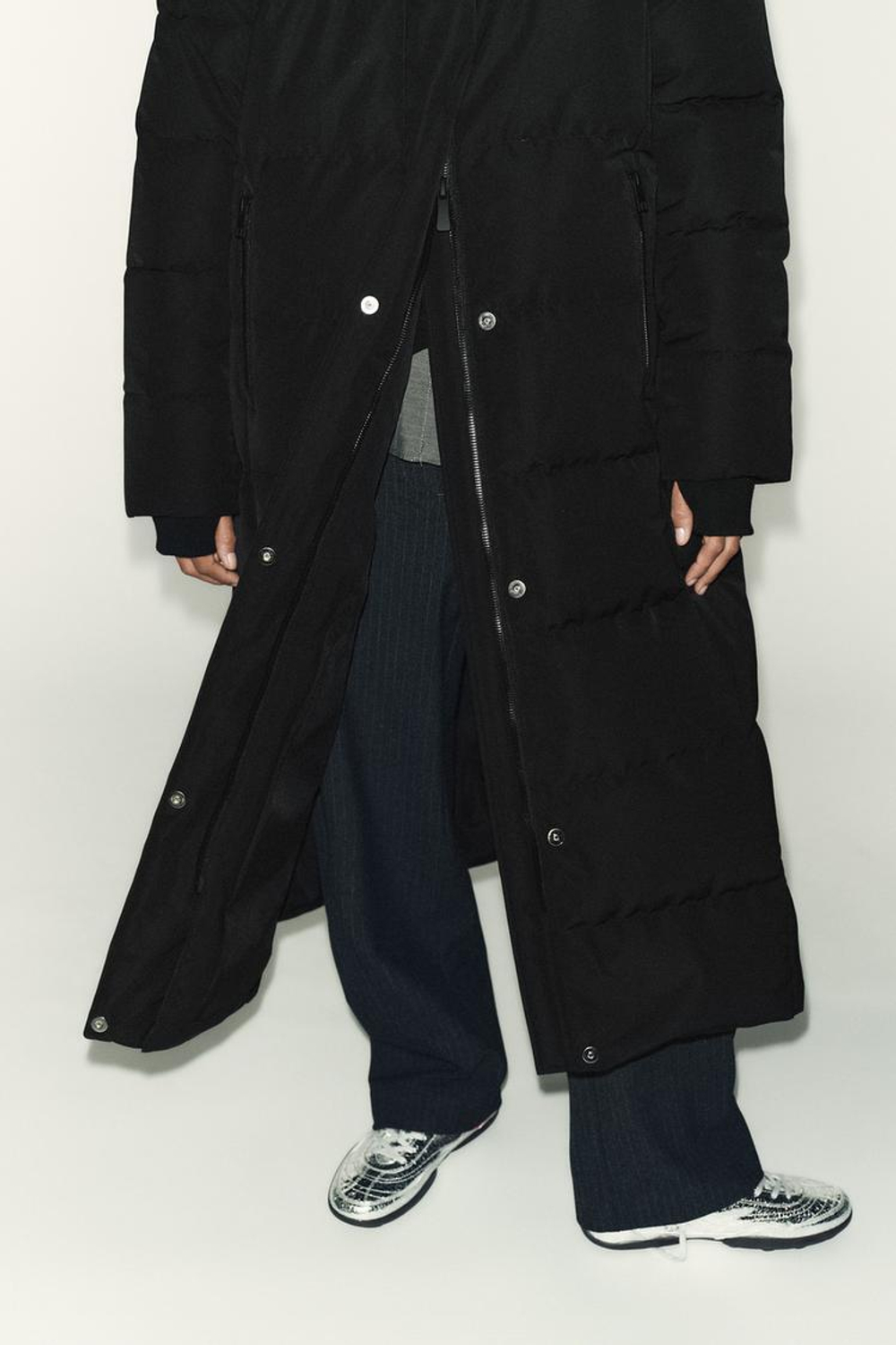 ZARA УДЛИНЕННЫЙ ПУХОВИК С КАПЮШОНОМ WATER REPELLENT WINDPROOF, ЧЕРНЫЙ