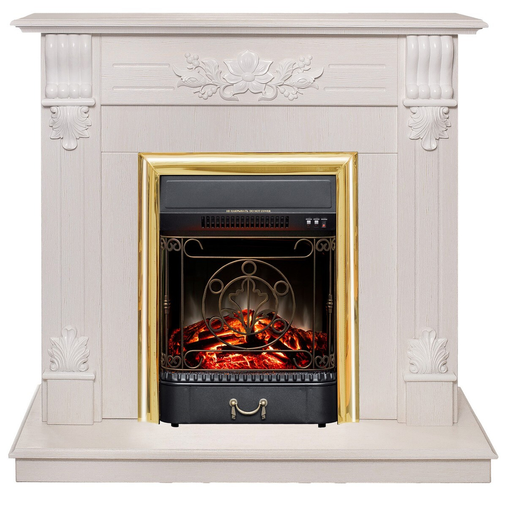 Электрокамин RealFlame Ottawa WT белое золото с очагом Majestic Lux Brass