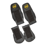 Чехлы VOLVO FM после 2008 года: 2 высоких сиденья, ремень у водителя из сиденья, у пассажира - от стоек кабины (один вырез на чехлах) (экокожа, черный, желтая вставка)